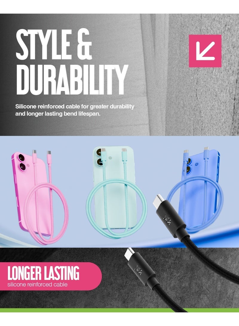 جوس كابل JUICE USB-C إلى USB-C، يدعم الشحن السريع ونقل البيانات، مزود بموصلات قابلة للعكس، مصنوع من مادة TPE، متوافق مع iPhone 17 و16 و15، وiPad Pro، وأجهزة Samsung وGoogle والمزيد، مضفر لمتانة إضافية، بطول 2 متر، باللون الأسود. - Image 4